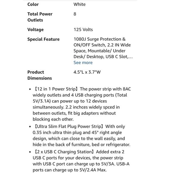 Surge Protector Extension Cord 5 Ft Ultra Thin Flat Plug 8 Outlet 4 USB Ports S1 - Picture 7 of 8